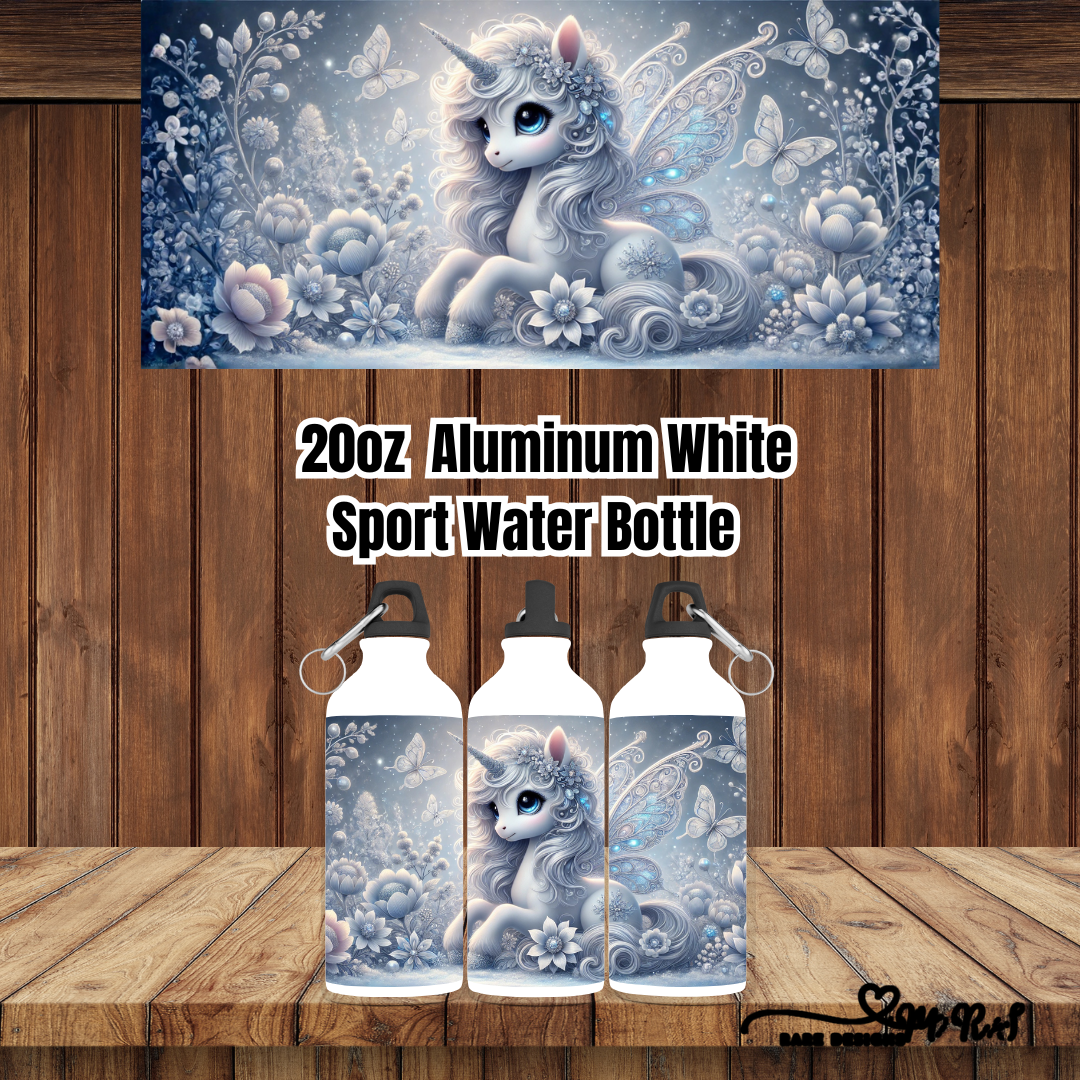 Enchanted Unicorn Garden – 20 oz Aluminum Sport Water Bottle (White, Carabiner Lid)