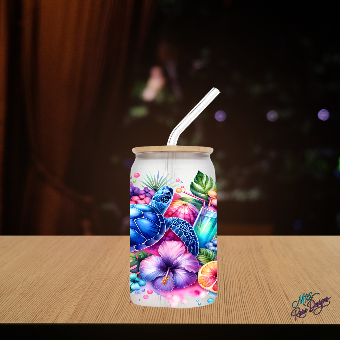 Turtle Time Tropical Sips 16 oz Glass Tumbler