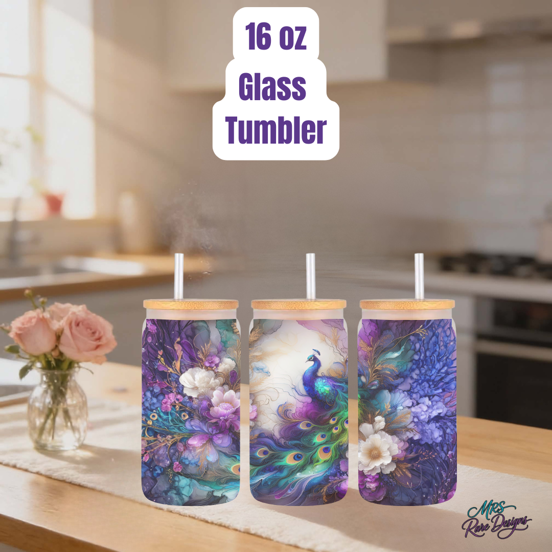 Peacock Paradise 16oz Glass Tumbler – Elegant Floral Drink Cup with Bamboo Lid & Reusable Straw
