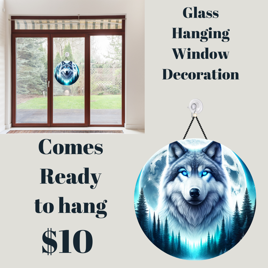 Celestial Wolf Round Glass Window Art
