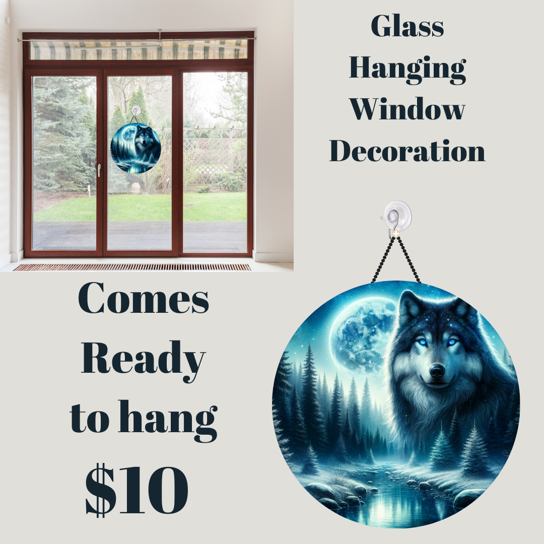 Celestial Wolf Round Glass Window Art