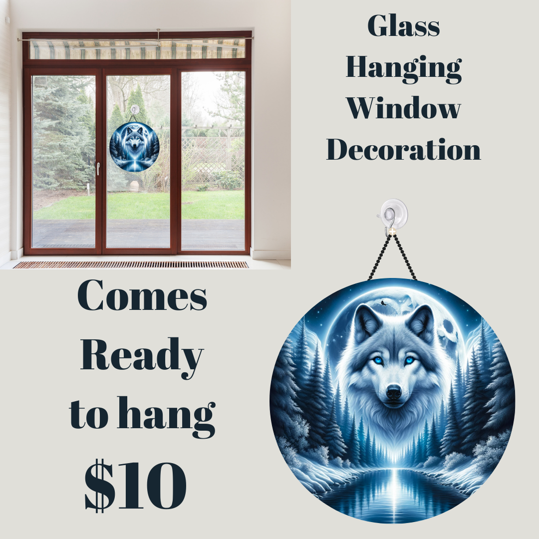 Celestial Wolf Round Glass Window Art