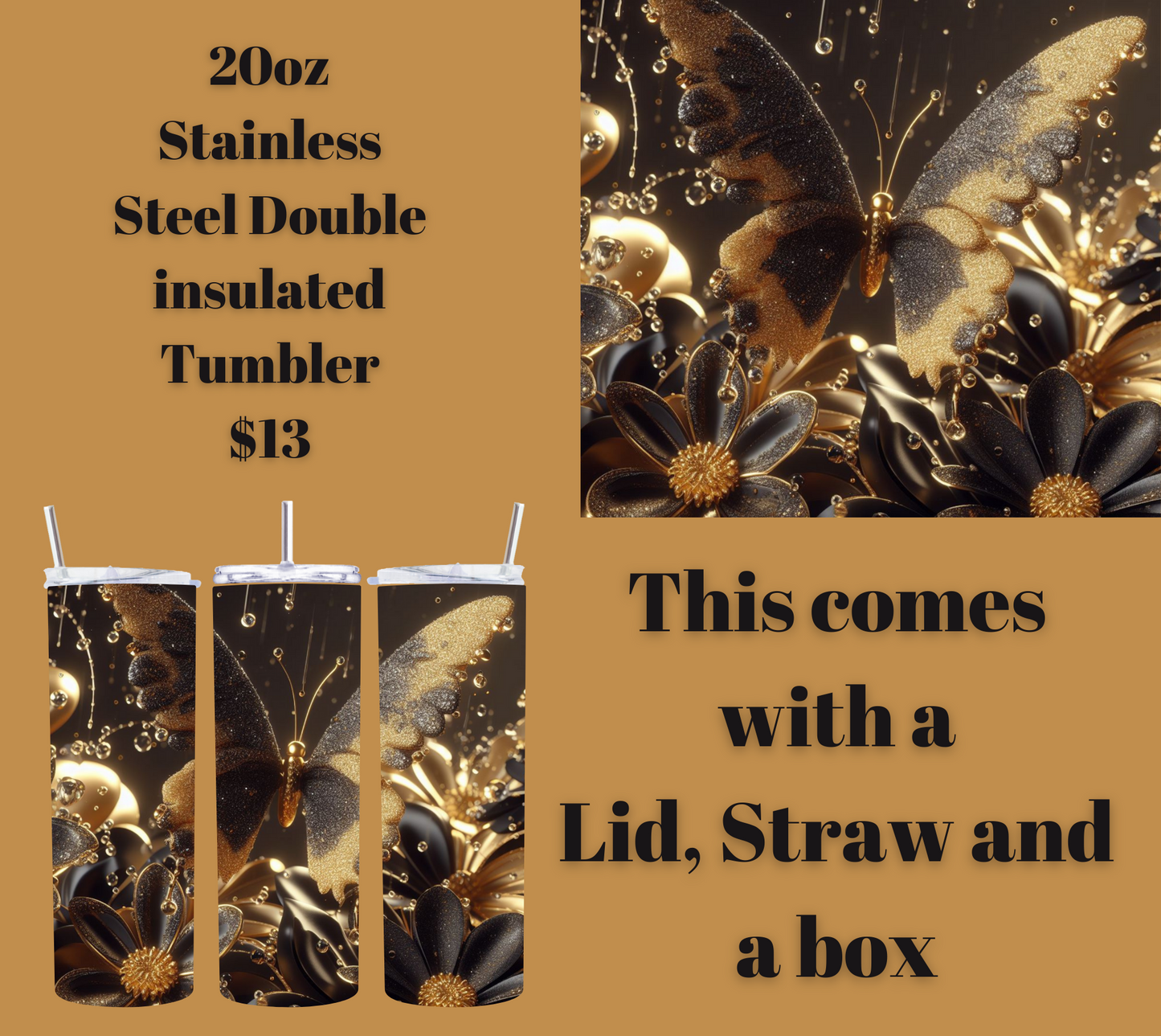 Golden Flutter Stainless Steel Tumbler