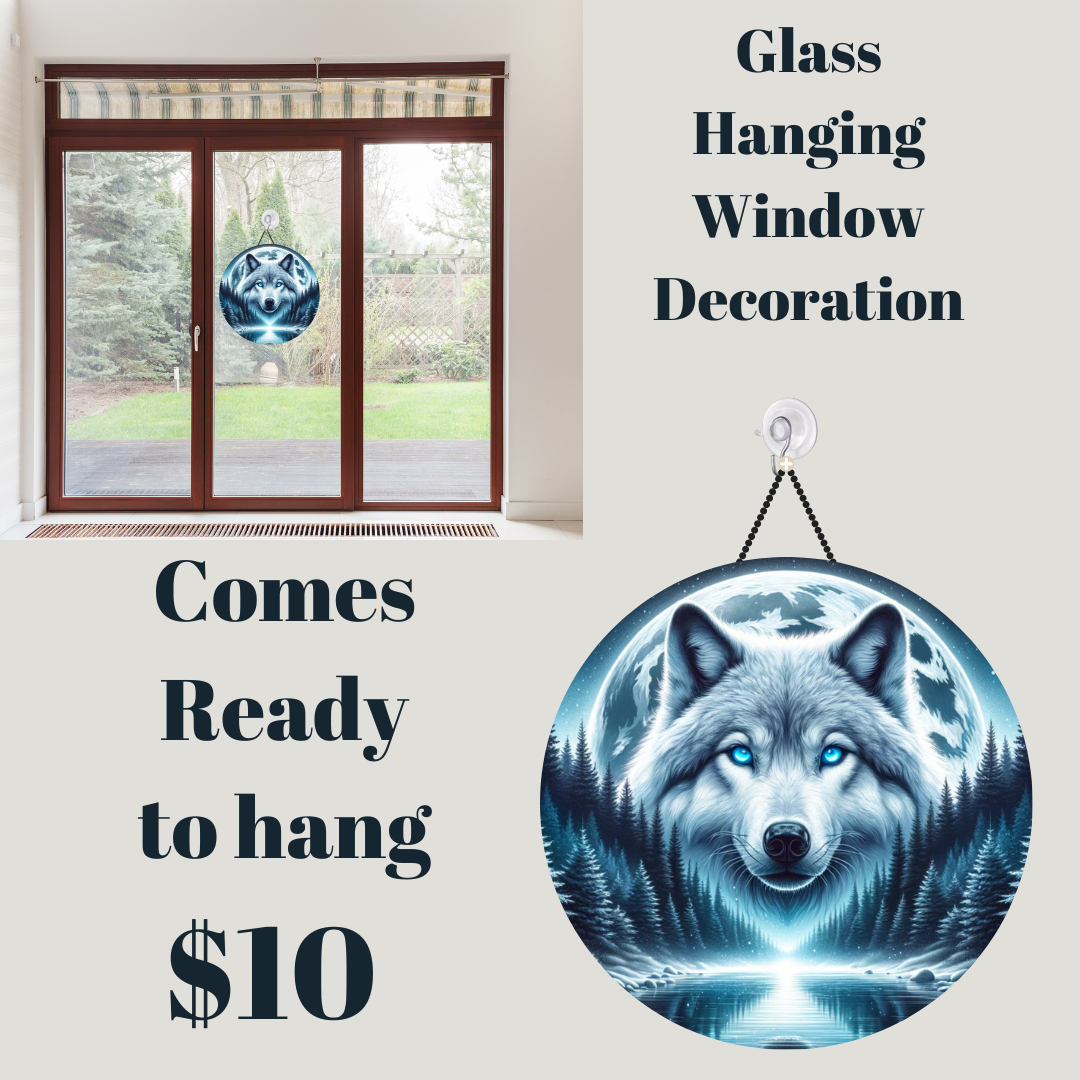 Celestial Wolf Round Glass Window Art