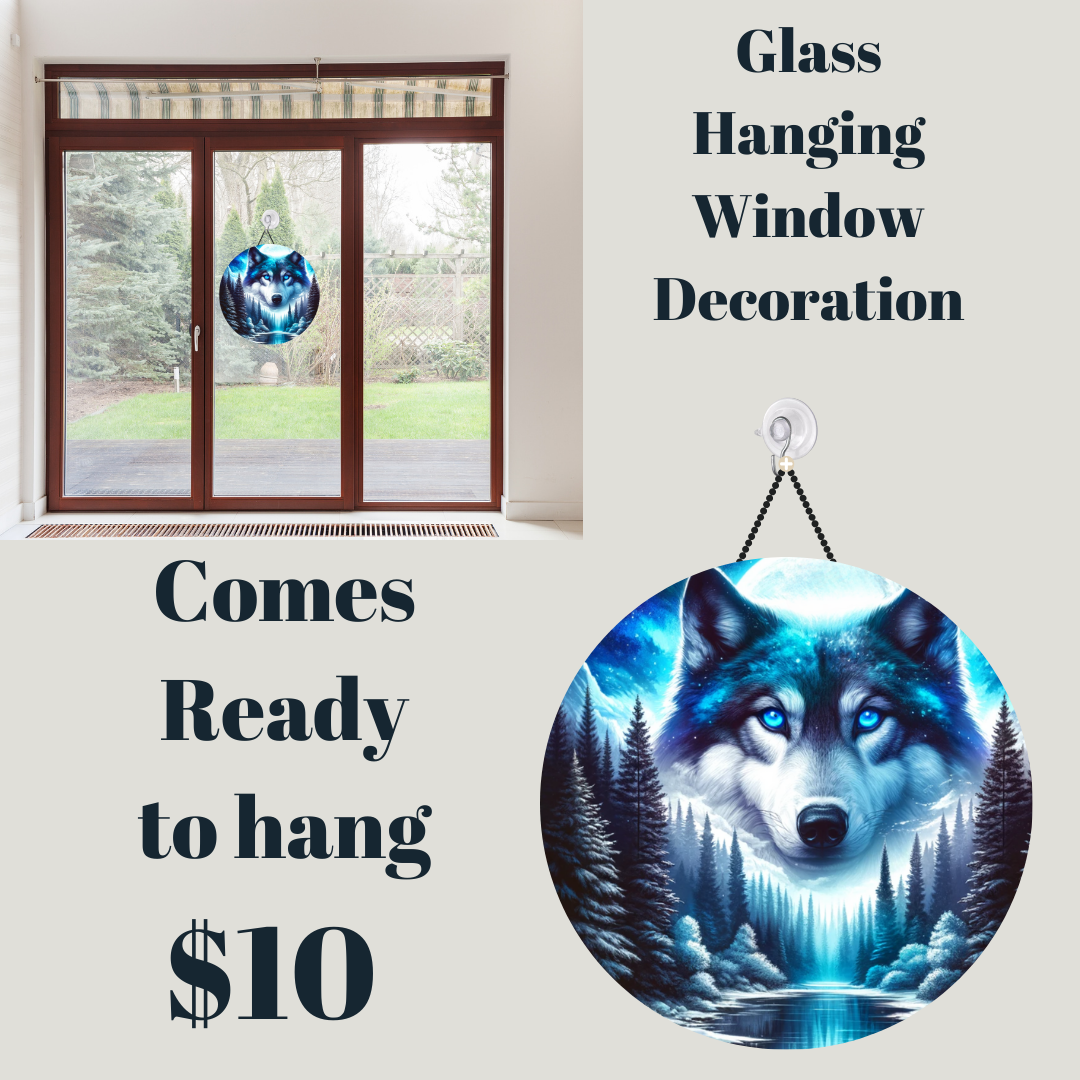 Celestial Wolf Round Glass Window Art