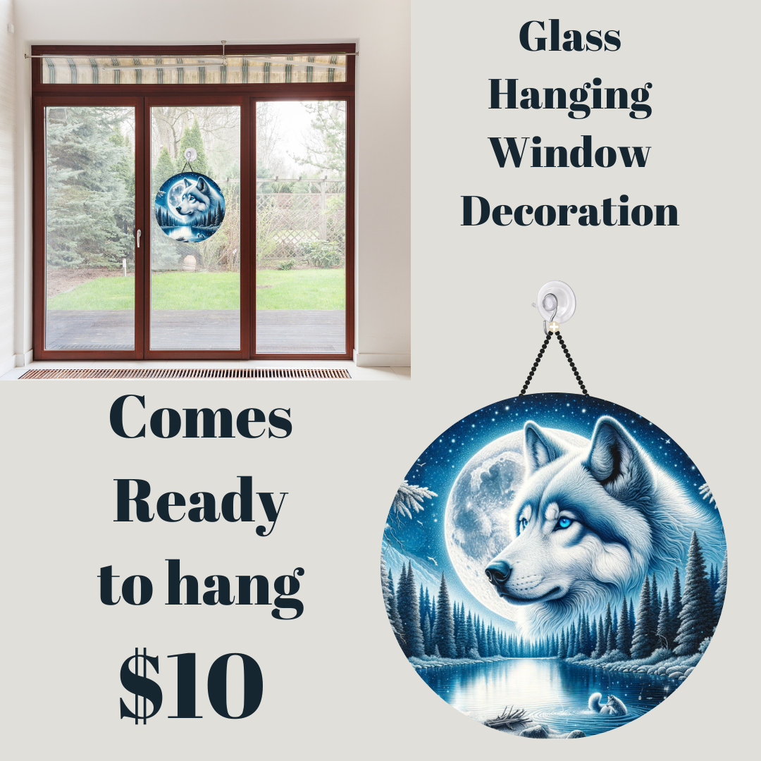 Celestial Wolf Round Glass Window Art