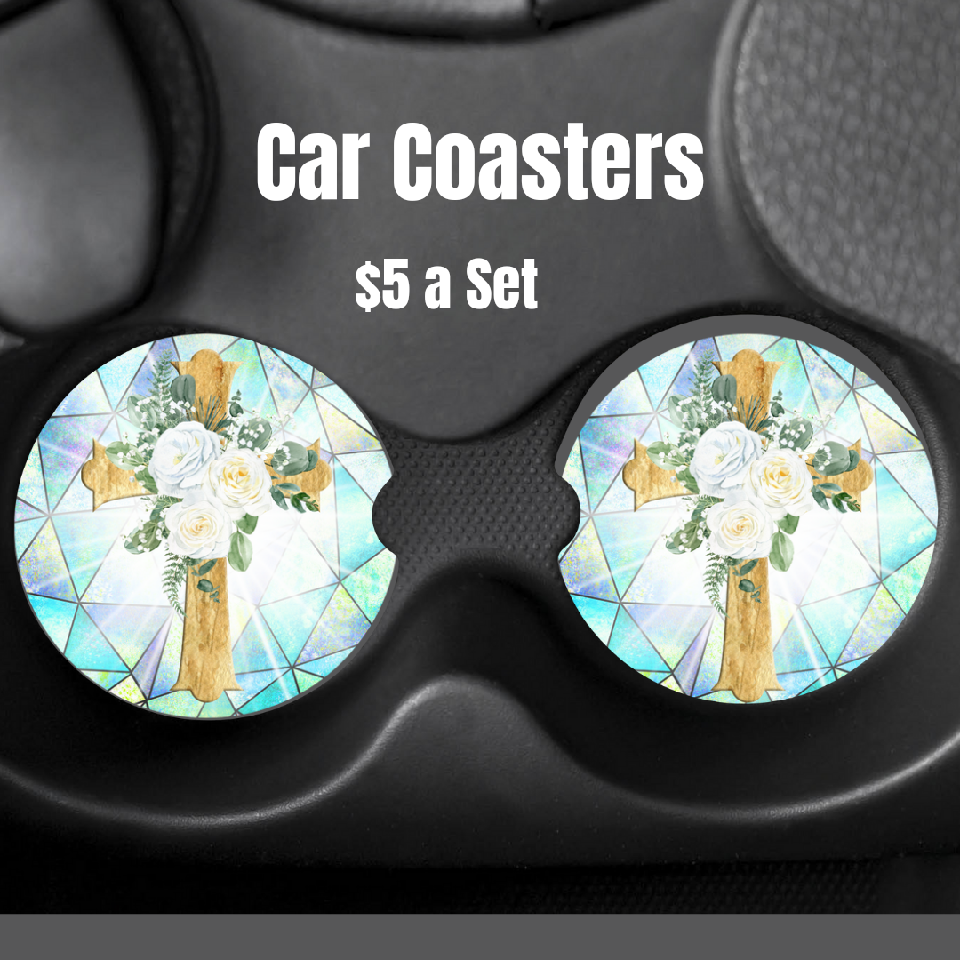 Stained glass with a beautiful cross car coaster