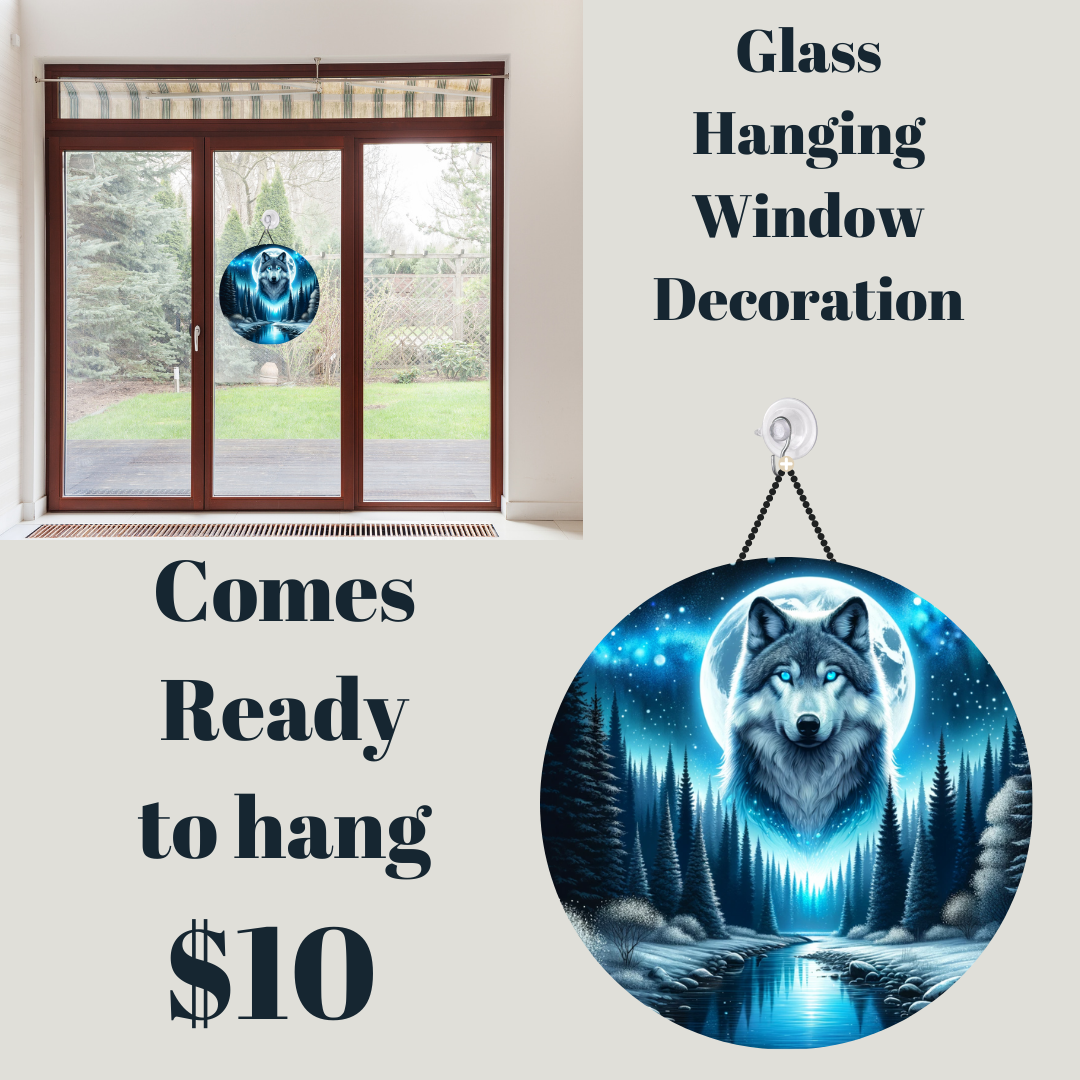 Celestial Wolf Round Glass Window Art