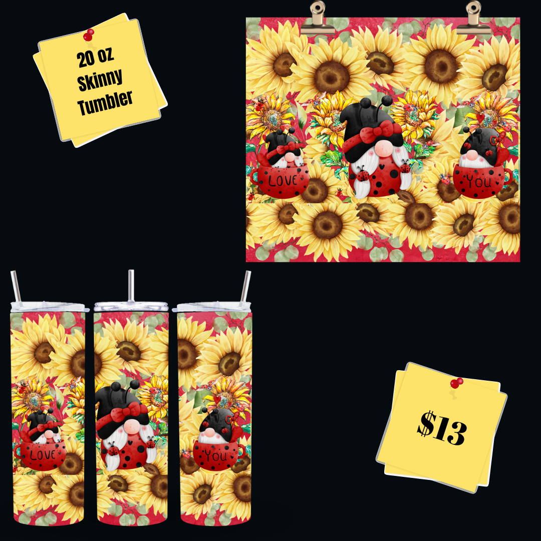 Sunflowers and Lady Bug Gnomes Tumbler