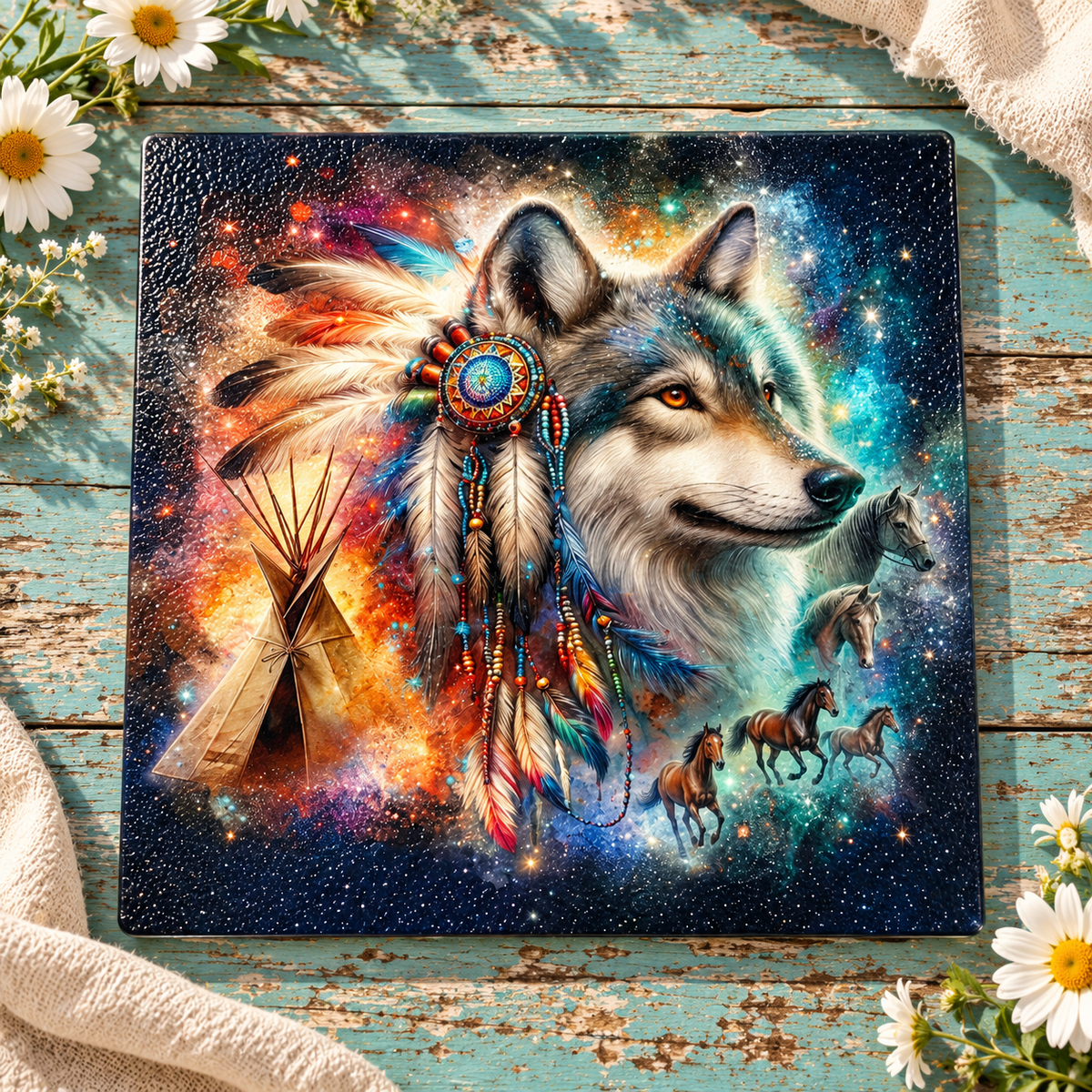 Wild Spirit Wolf 9-Inch Square Glass Cutting Board