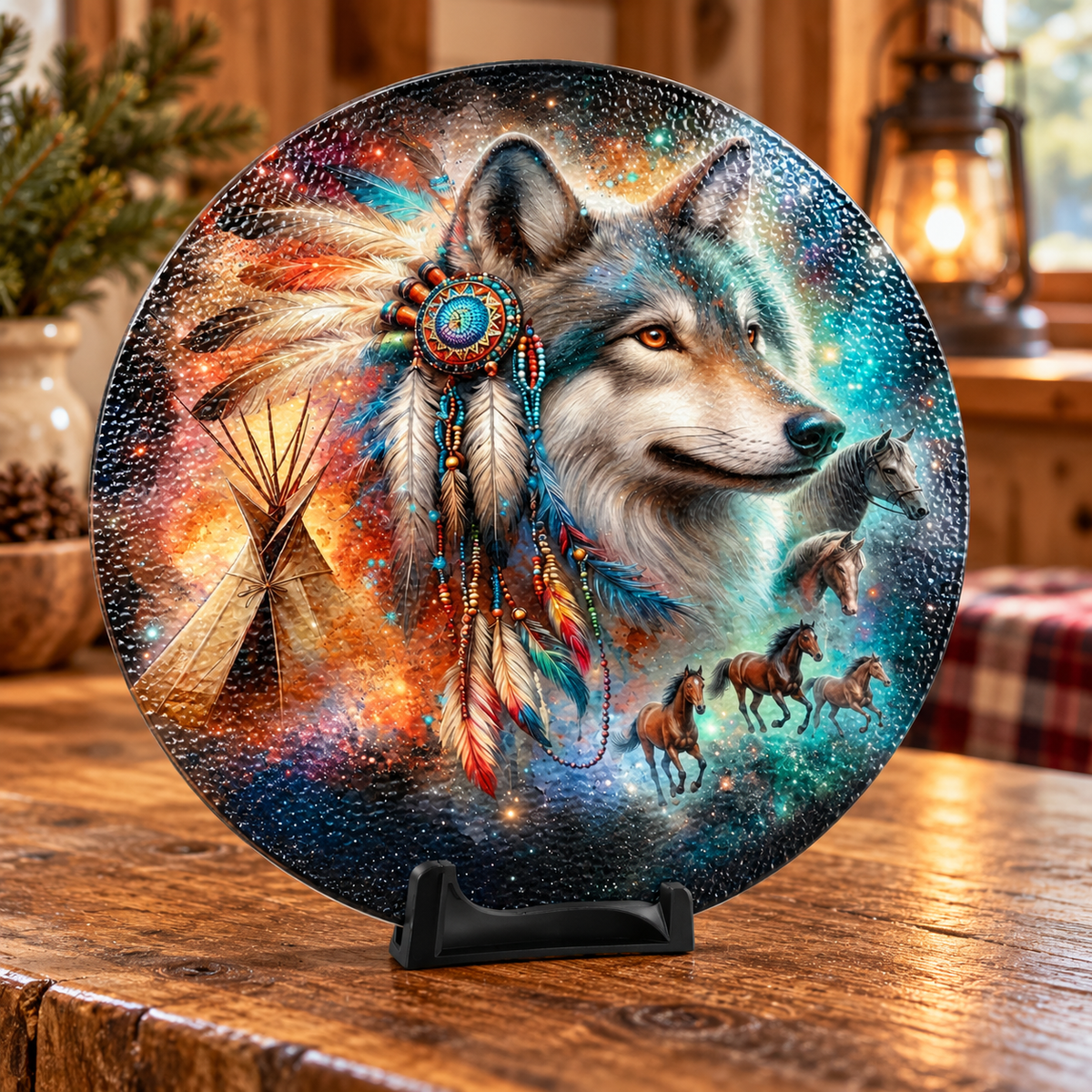 Wild Spirit Wolf 11.8-Inch Round Glass Cutting Board with Stand