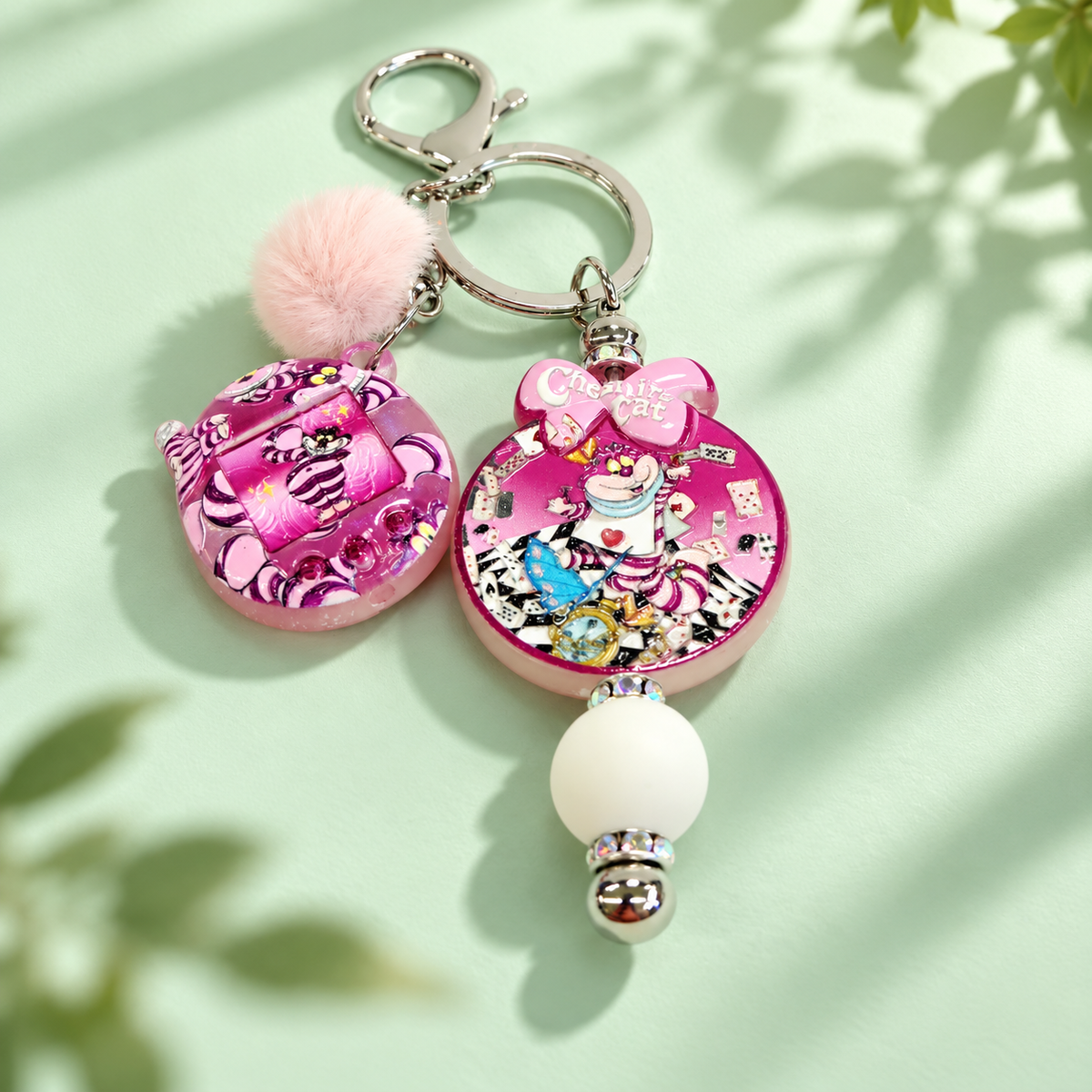 Cheshire Cat Pink Beaded Keychain with Pom Pom