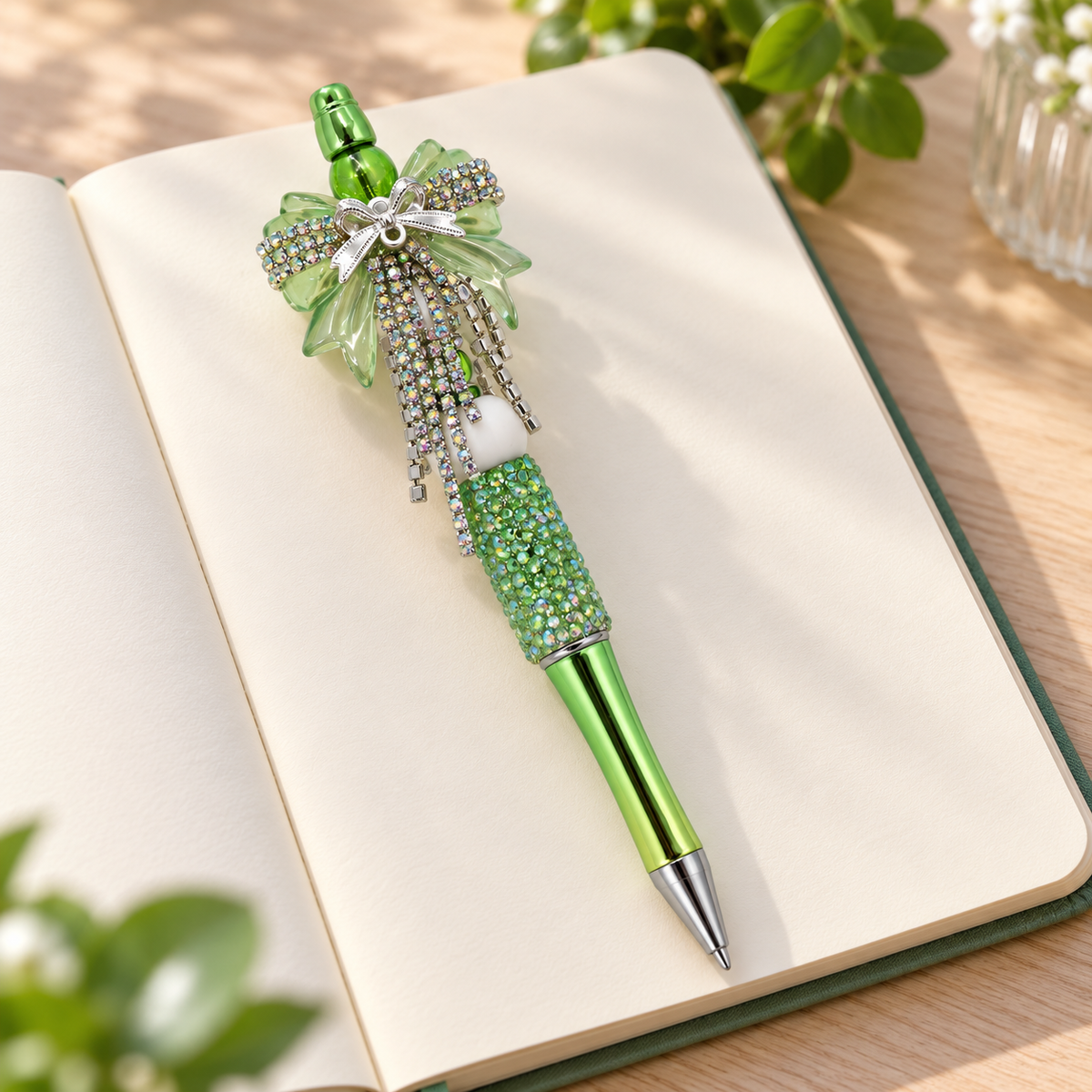 Emerald Sparkle Green Rhinestone Bow Pen