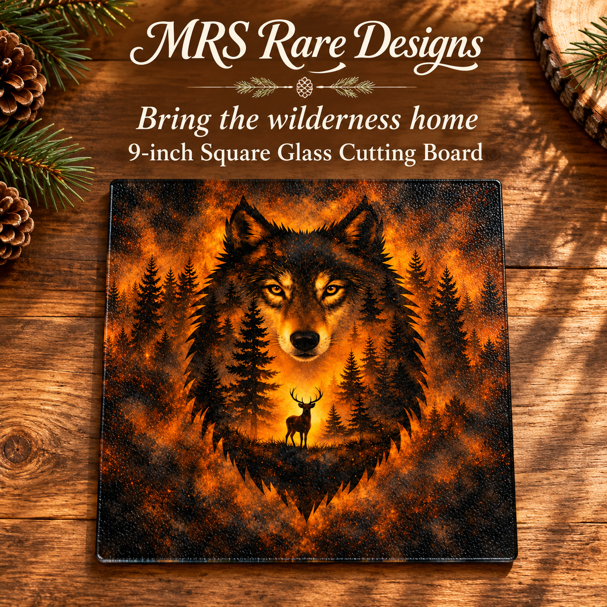 Amber Wilderness Wolf 9-Inch Square Glass Cutting Board