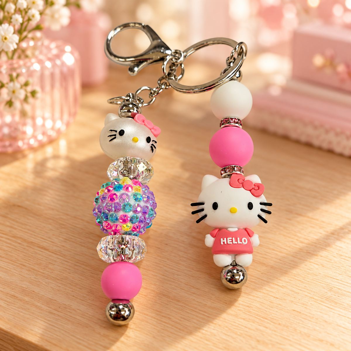 Pink Cat Beaded Keychain with Bow