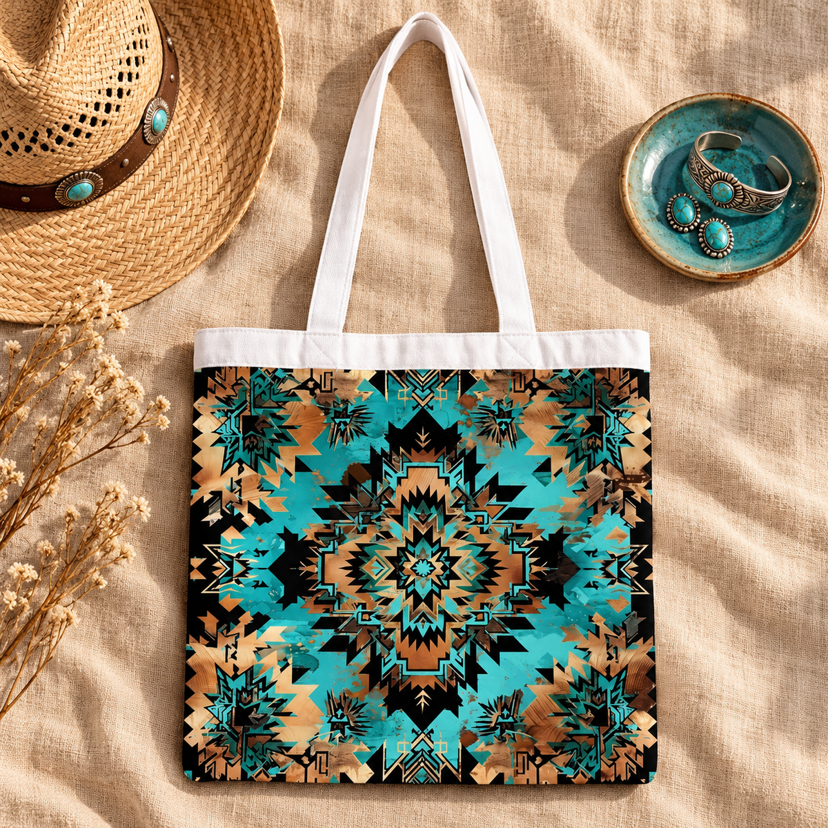 Western Charm Turquoise Southwestern Tote Bag