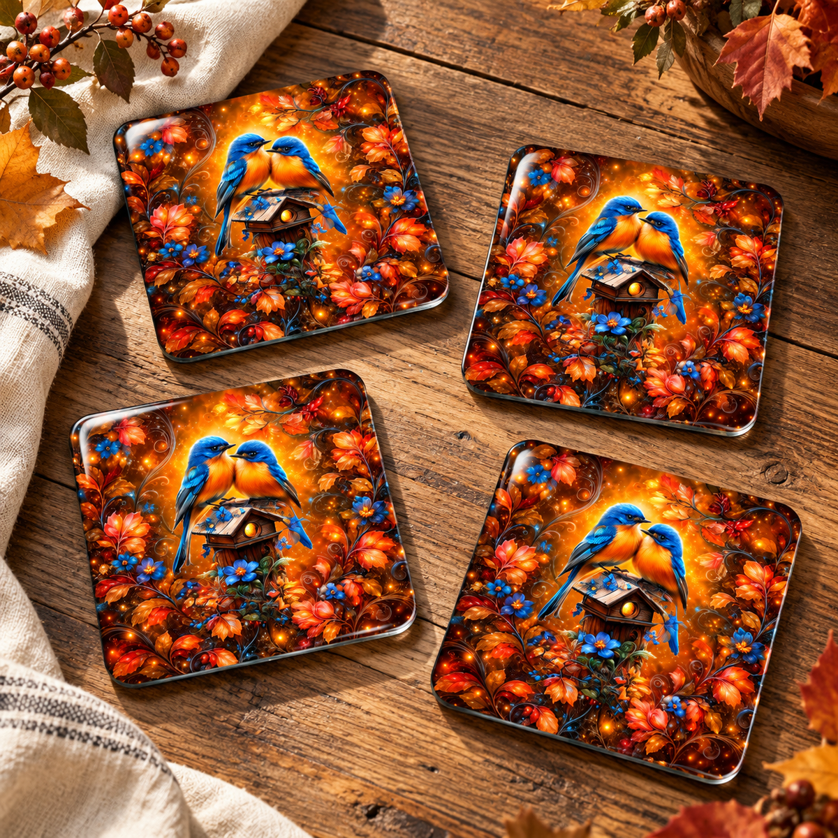 Amber Garden Bluebirds Glass Coasters – Set of 4