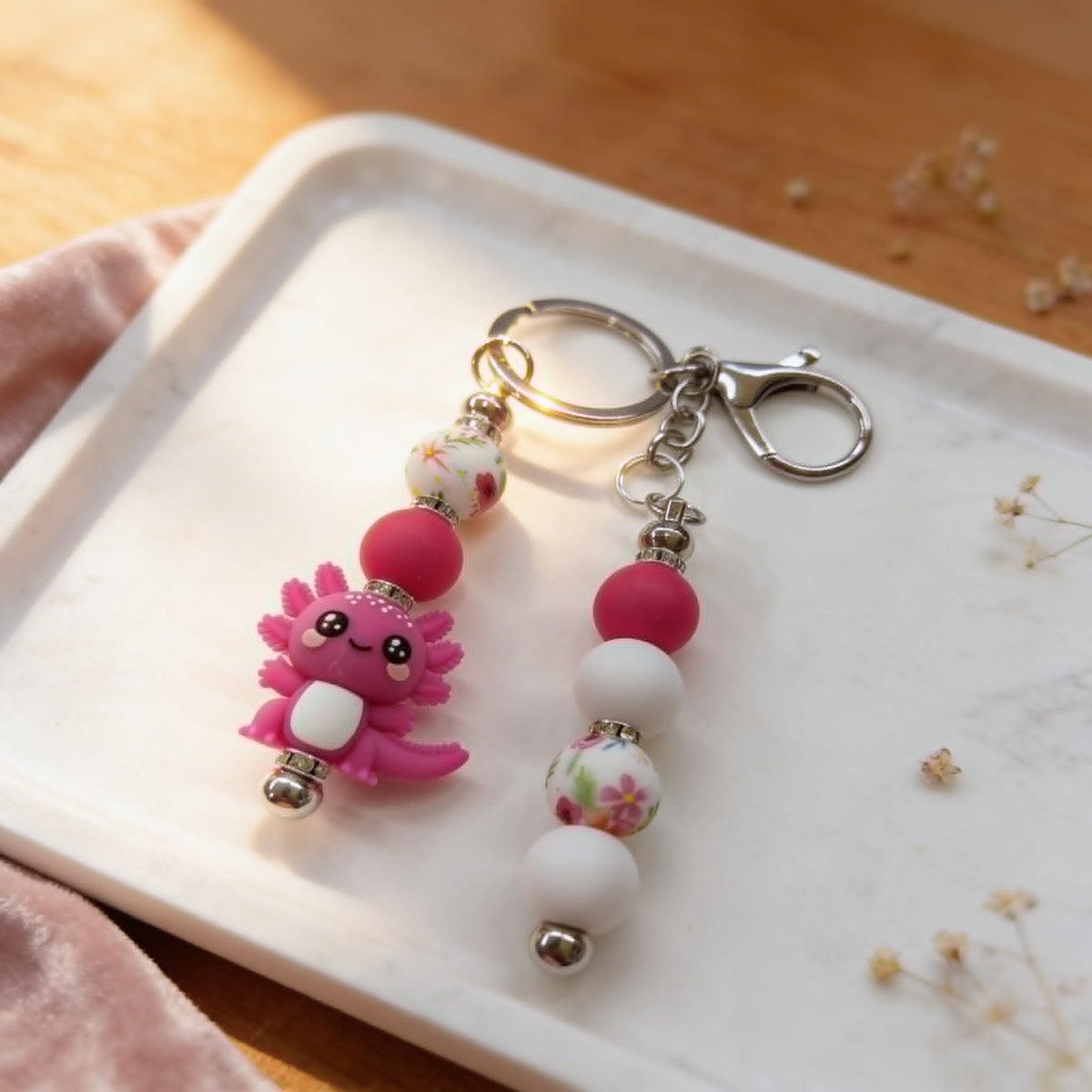 Petal Pink Axolotl Floral Beaded Keychain
