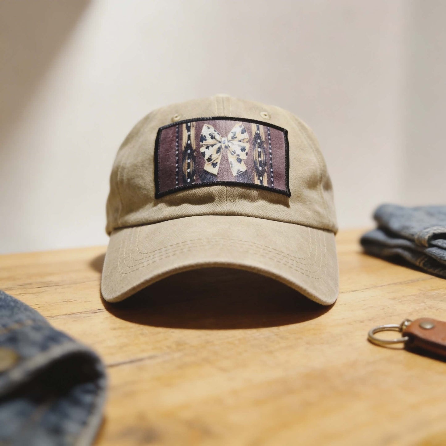 Western Bow Patch Khaki Dad Hat – 100% Fabric Adjustable Cap