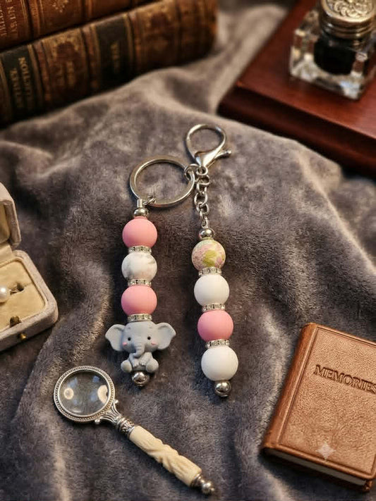 Rosy Little Elephant Beaded Keychain