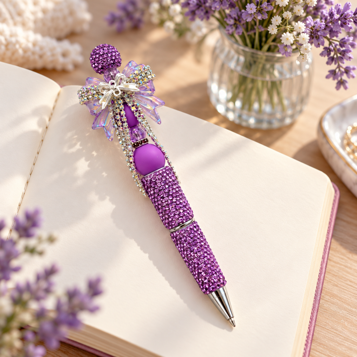 Amethyst Charm Purple Rhinestone Bow Pen