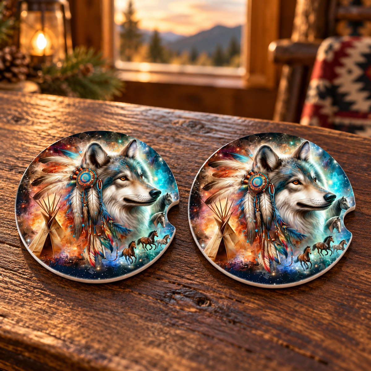 Wild Spirit Wolf Ceramic Car Coasters – Set of 2