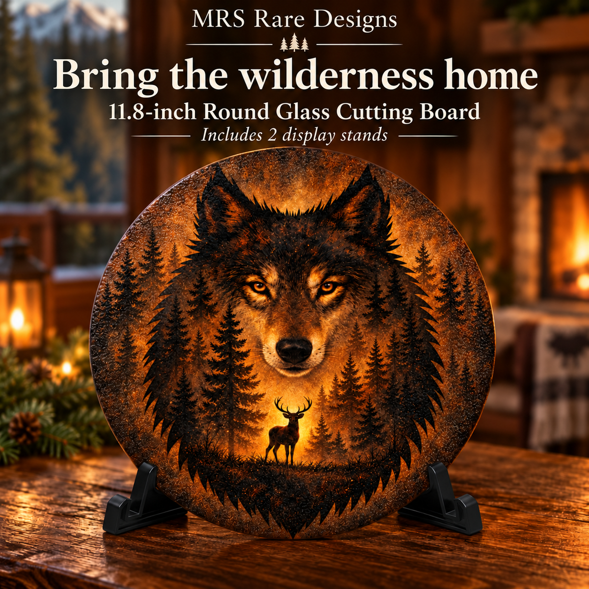 Amber Wilderness Wolf 11.8-Inch Round Glass Cutting Board