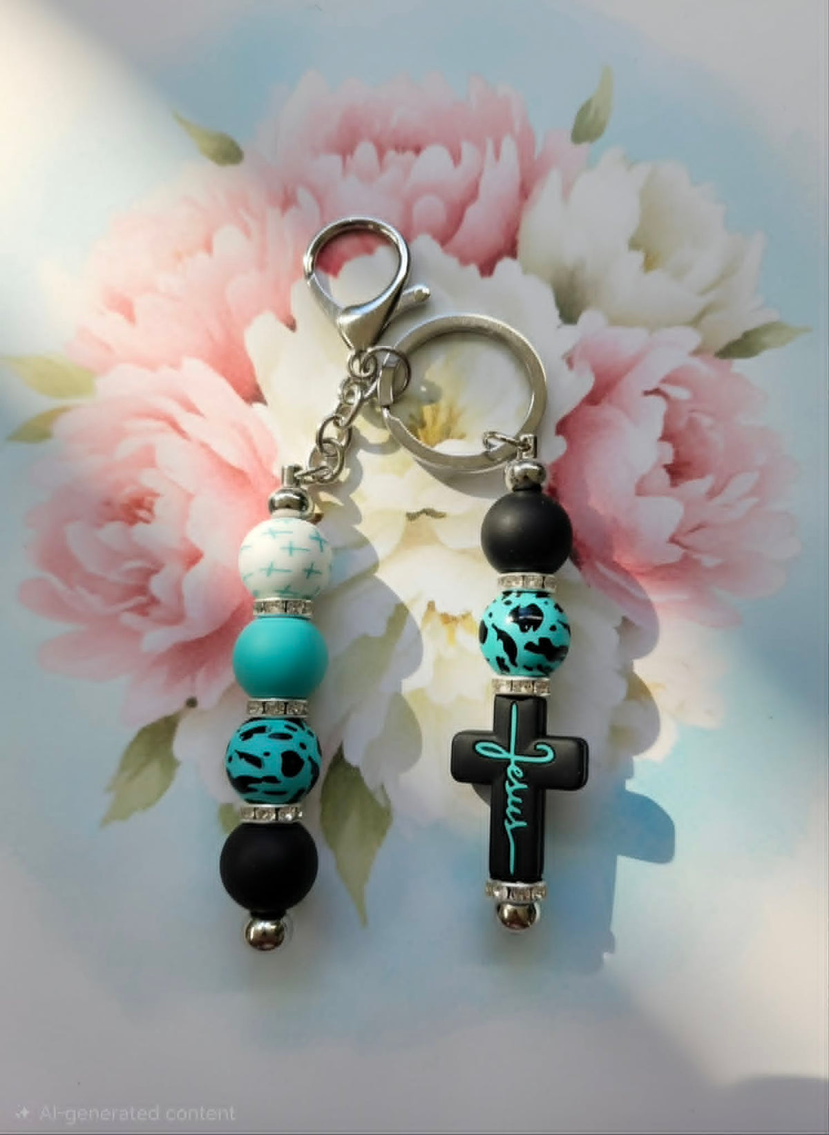 Faithfully Teal Jesus Cross Beaded Keychain