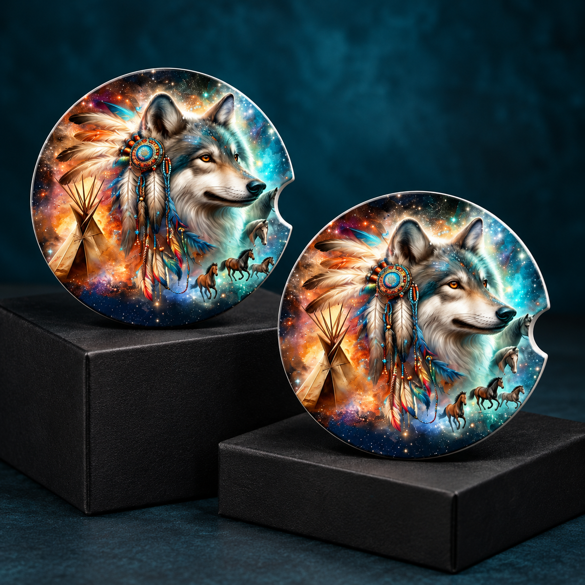 Wild Spirit Wolf Ceramic Car Coasters – Set of 2
