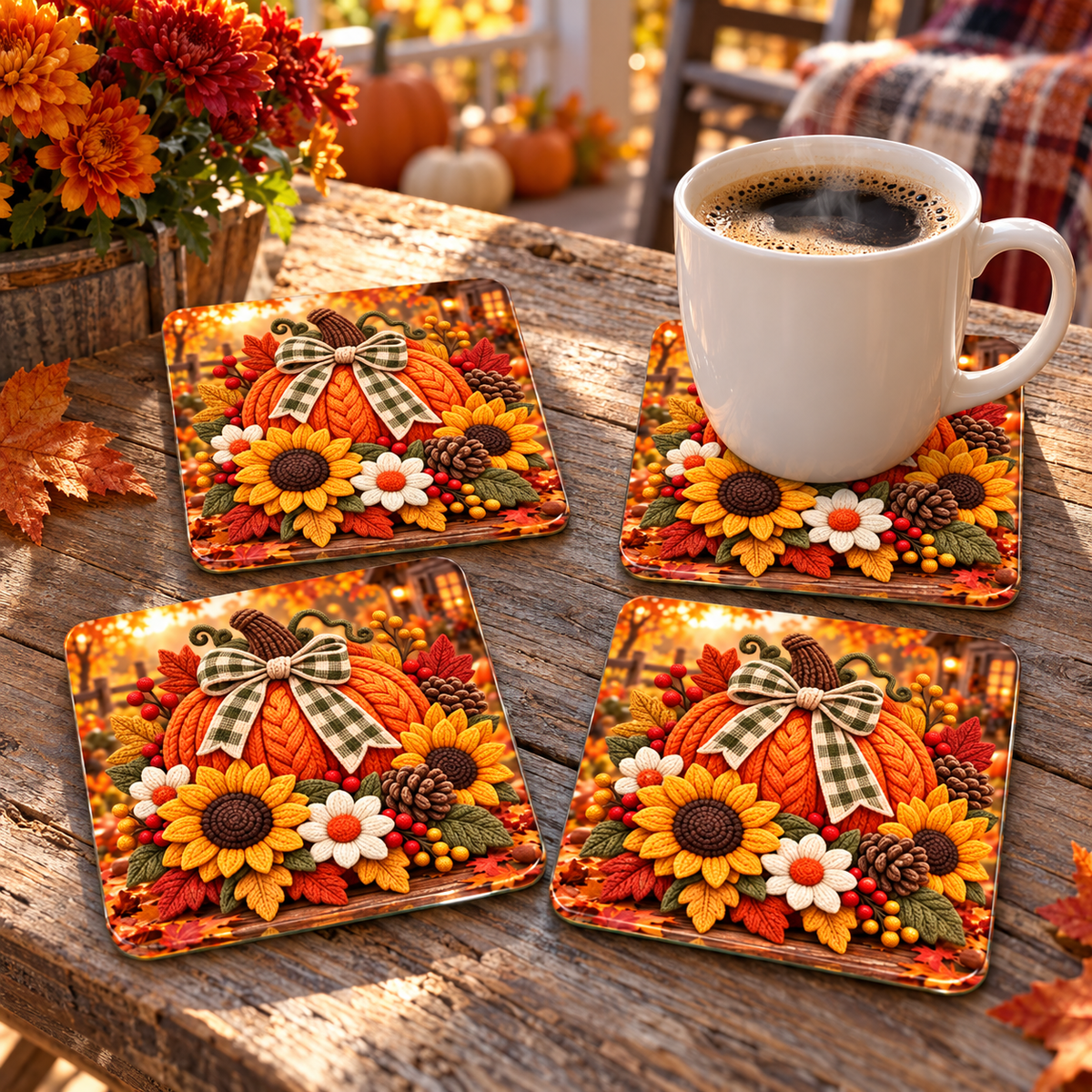 Cozy Harvest Pumpkin & Sunflower Glass Coaster Set