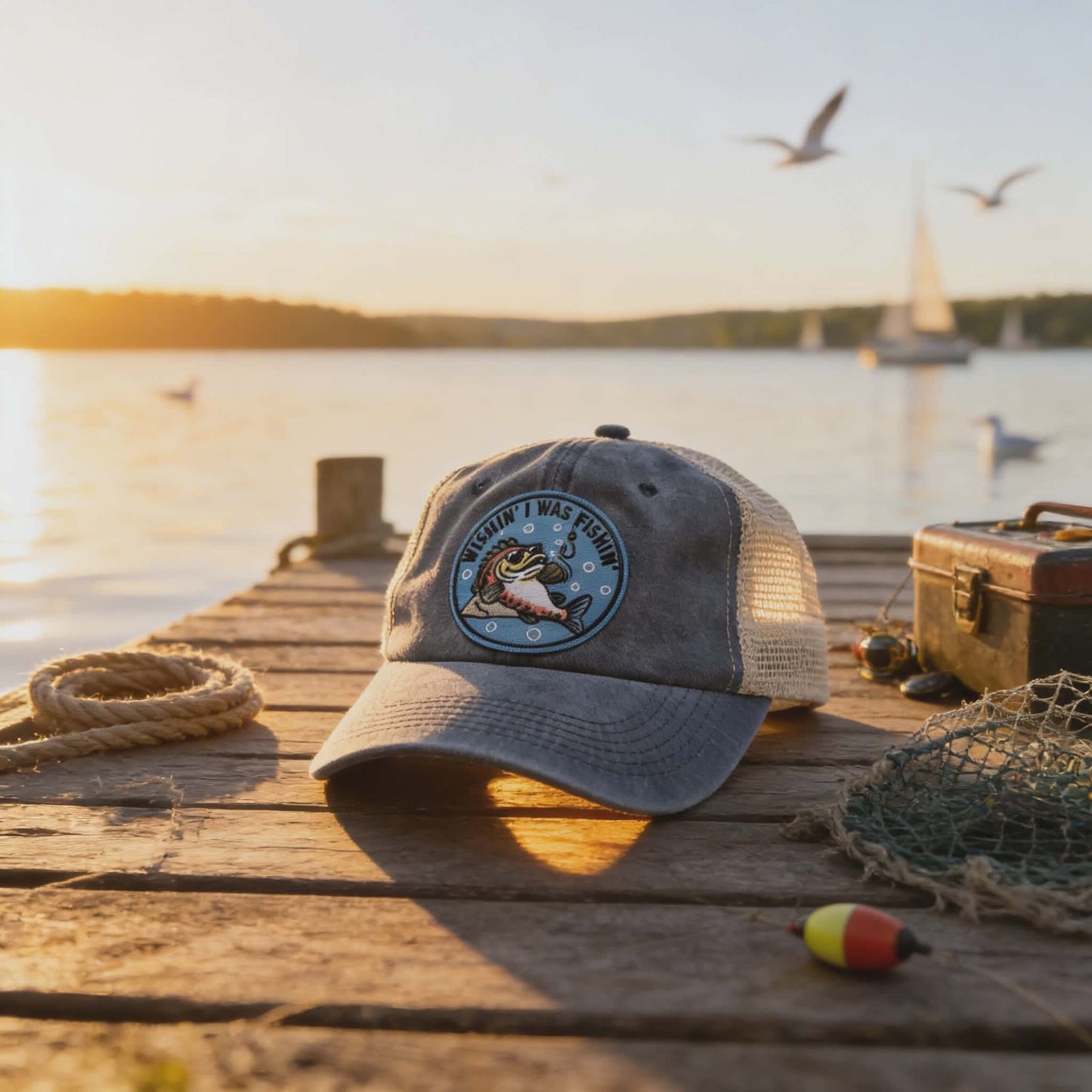 “Wishin’ I Was Fishin’” Vintage Blue Mesh Trucker Hat – Embroidered Fishing Cap