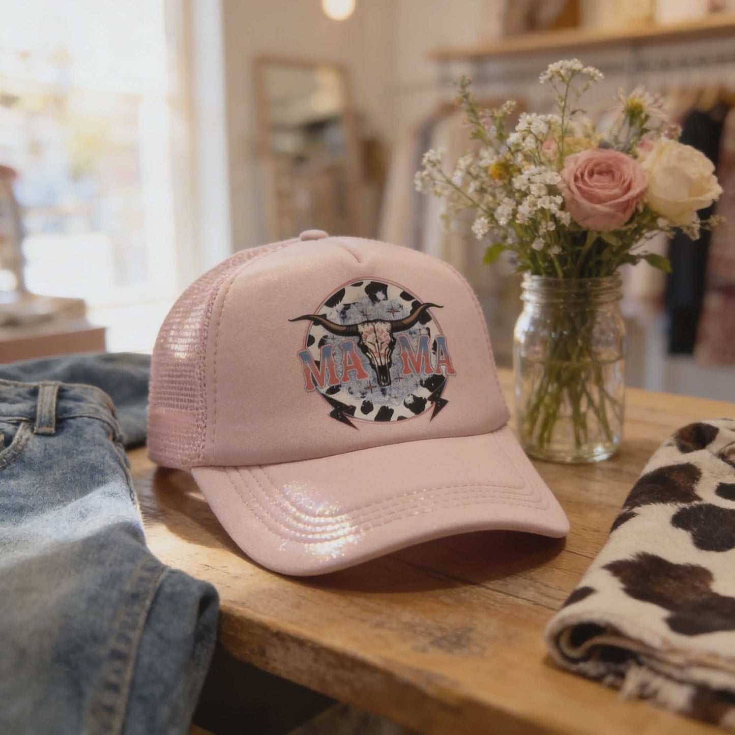 “Mama Western Cowprint” Pink Mesh Trucker Hat – DTF Longhorn Patch Cap