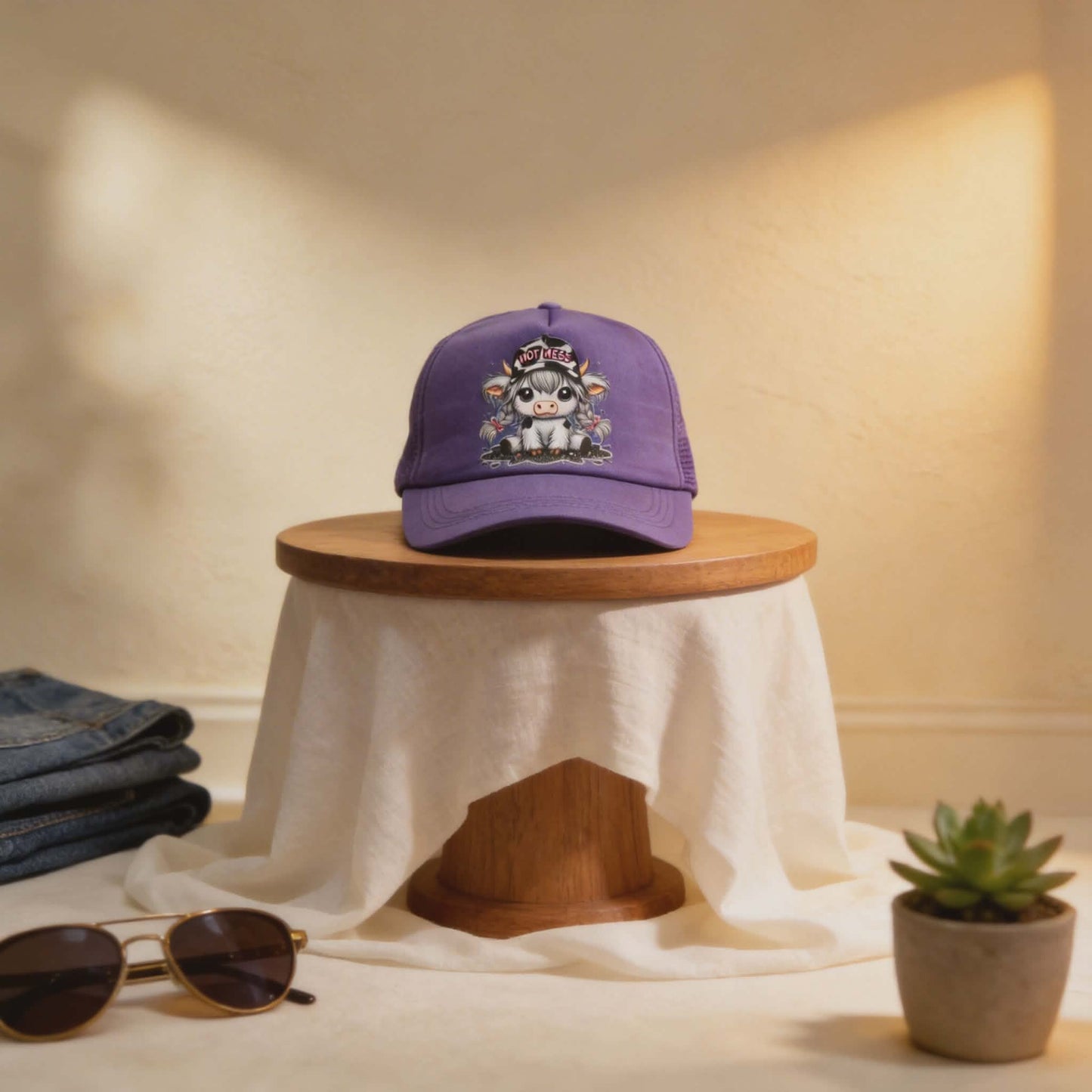 Not Texas Cow DTF Patch Hat – Purple Vintage Trucker Cap with Western Cowgirl Design