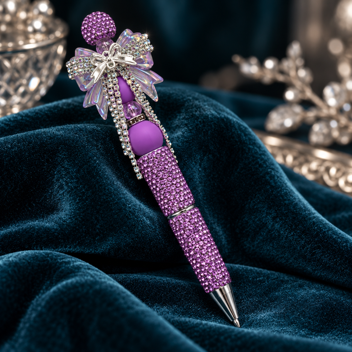 Amethyst Charm Purple Rhinestone Bow Pen