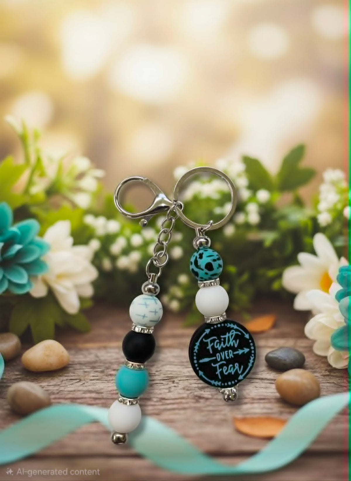 Courage in Teal Faith Over Fear Beaded Keychain
