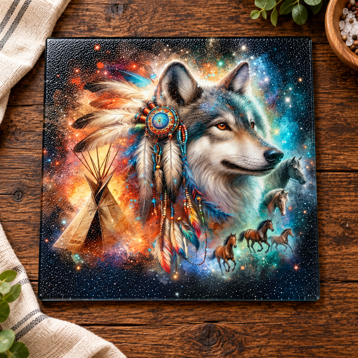 Wild Spirit Wolf 9-Inch Square Glass Cutting Board
