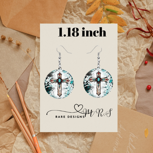 Turquoise Faith Dangle Earrings – 1.18" Round • Western Crosses, Sunflowers & Teal Splatter