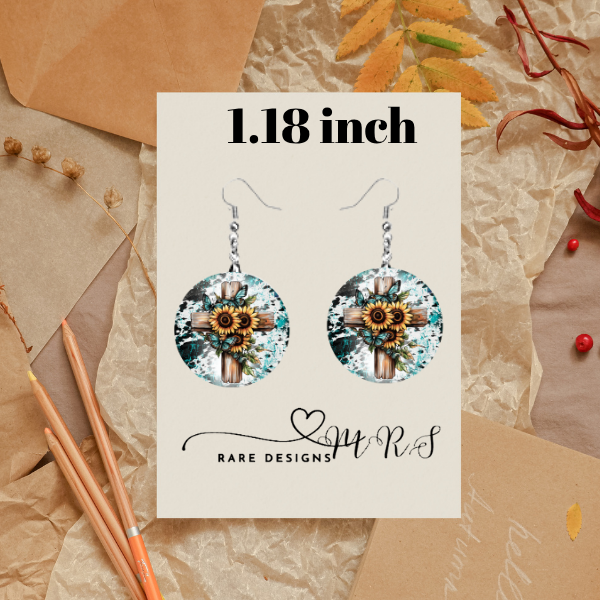 Turquoise Faith Dangle Earrings – 1.18" Round • Western Crosses, Sunflowers & Teal Splatter