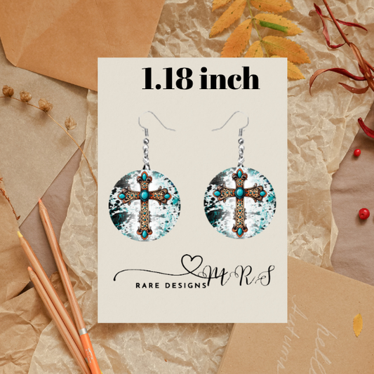 Turquoise Faith Dangle Earrings – 1.18" Round • Western Crosses, Sunflowers & Teal Splatter