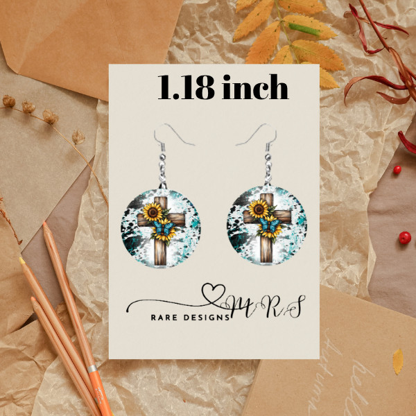Turquoise Faith Dangle Earrings – 1.18" Round • Western Crosses, Sunflowers & Teal Splatter