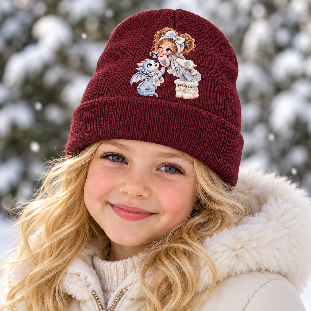 Winter Wishes Burgundy Girl & Dragon Beanie