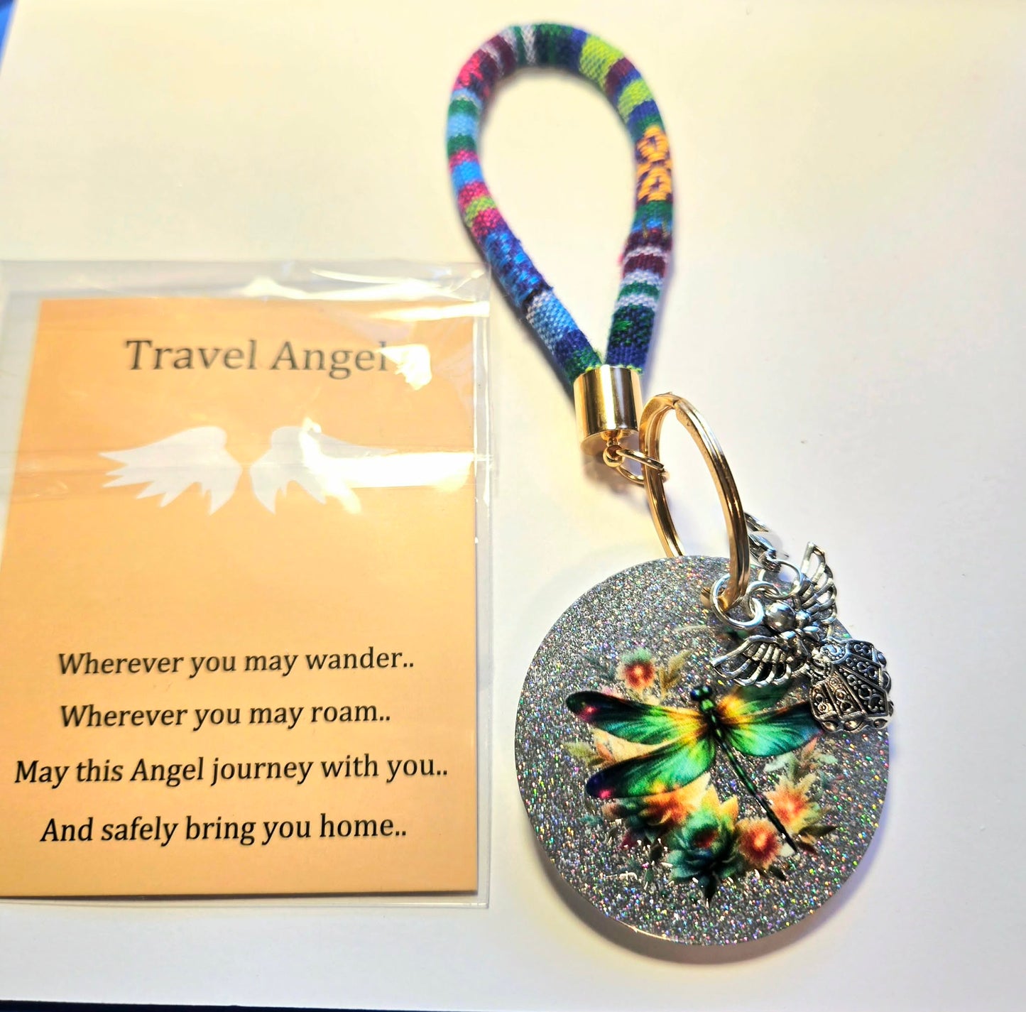 Angel Wings Dragonfly Resin Keychain – Handmade Travel Guardian Charm