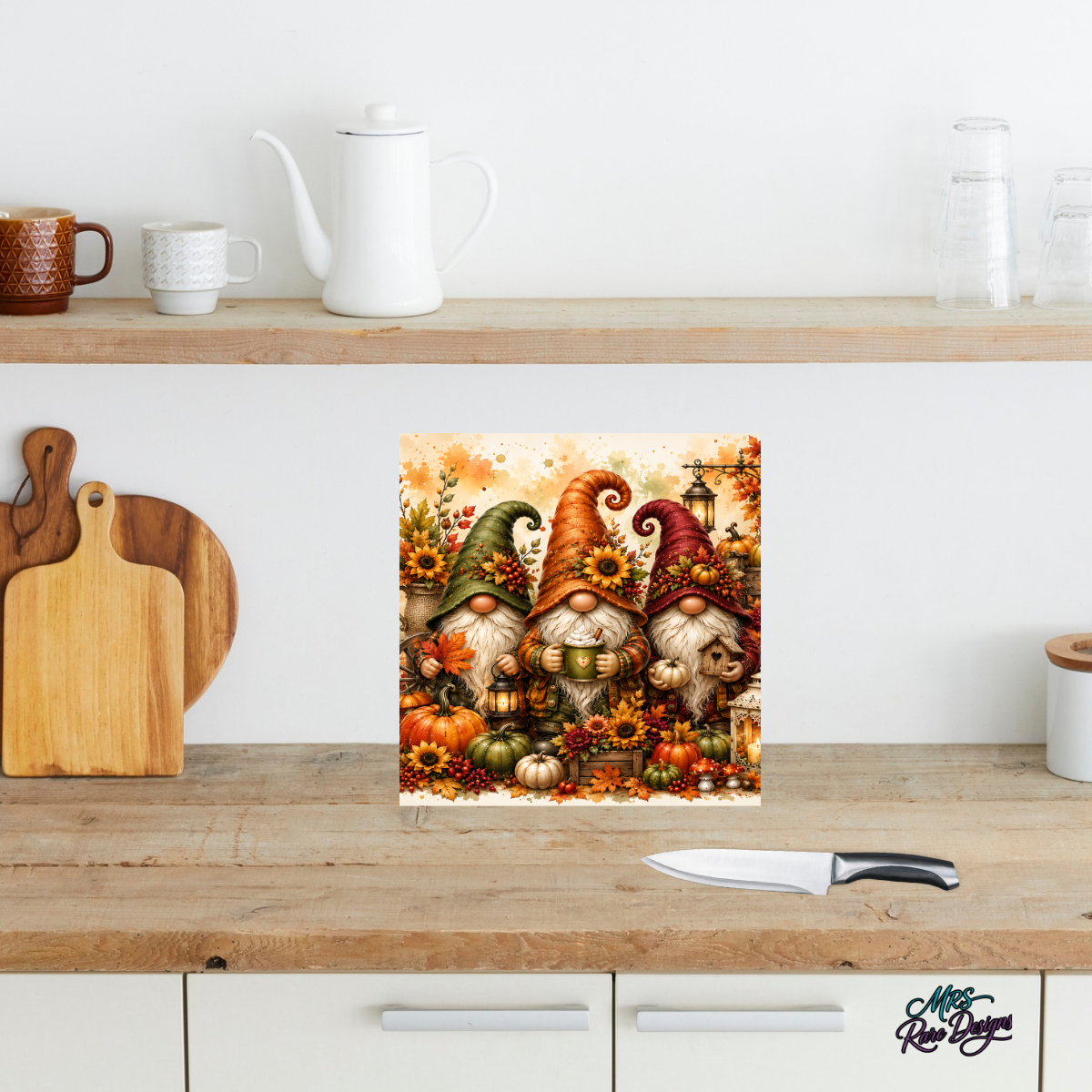 Cozy Autumn Gnomes Square Glass Cutting Board