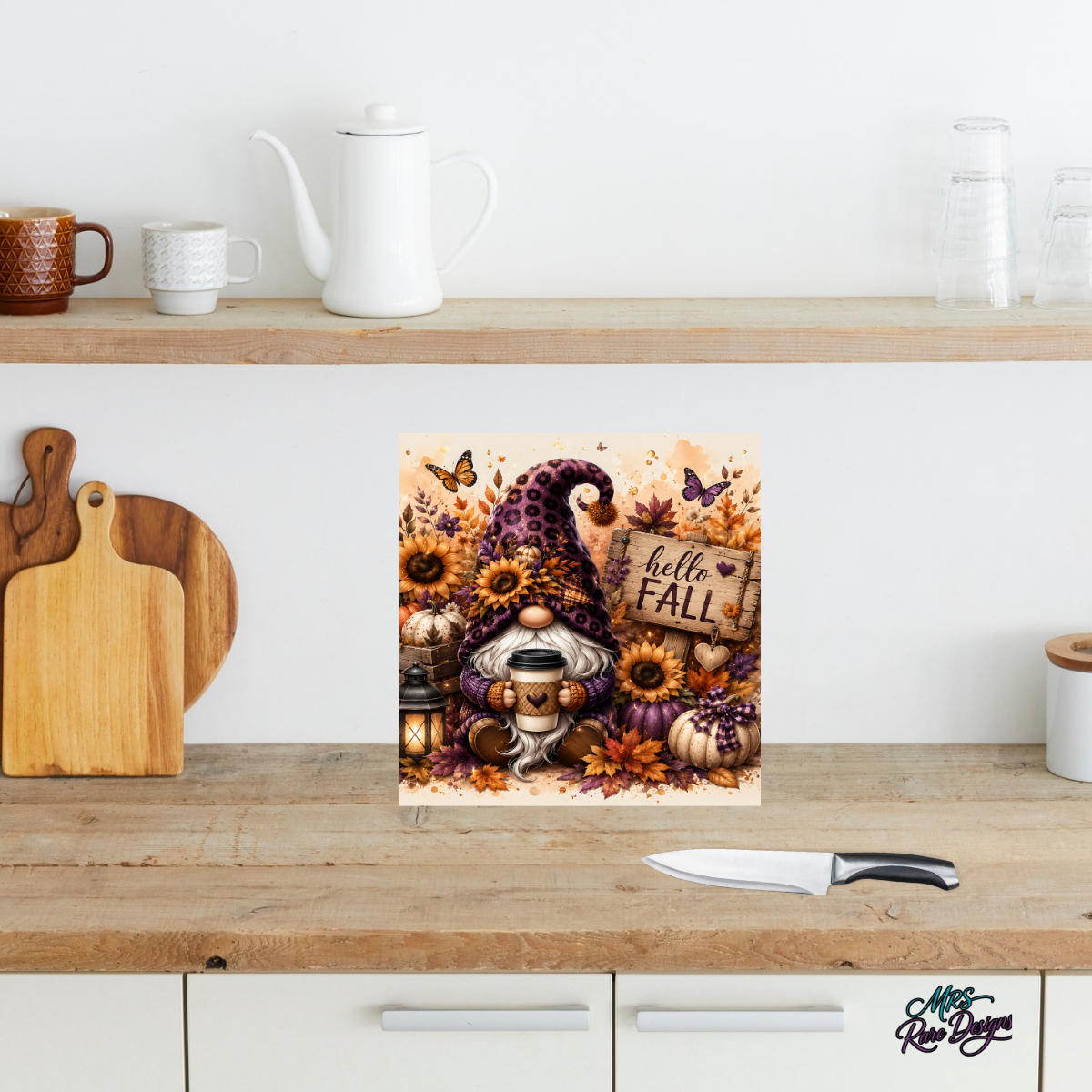 Purple Leopard Print Gnome "Hello Fall" Square Glass Cutting Board