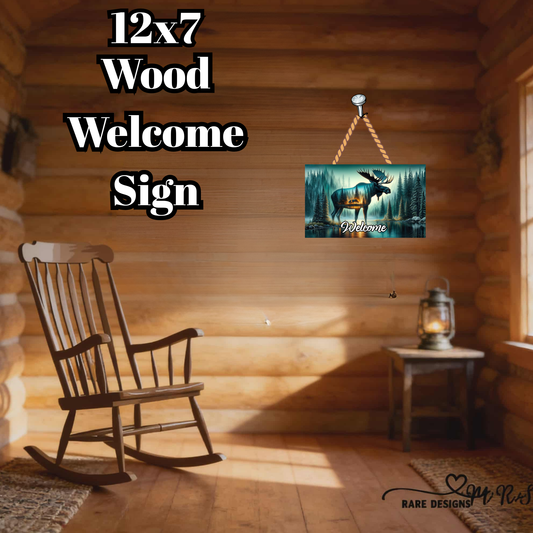 Rustic Moose Forest Cabin 12x7 Wooden Welcome Sign – Hanging Wall Décor with Rope