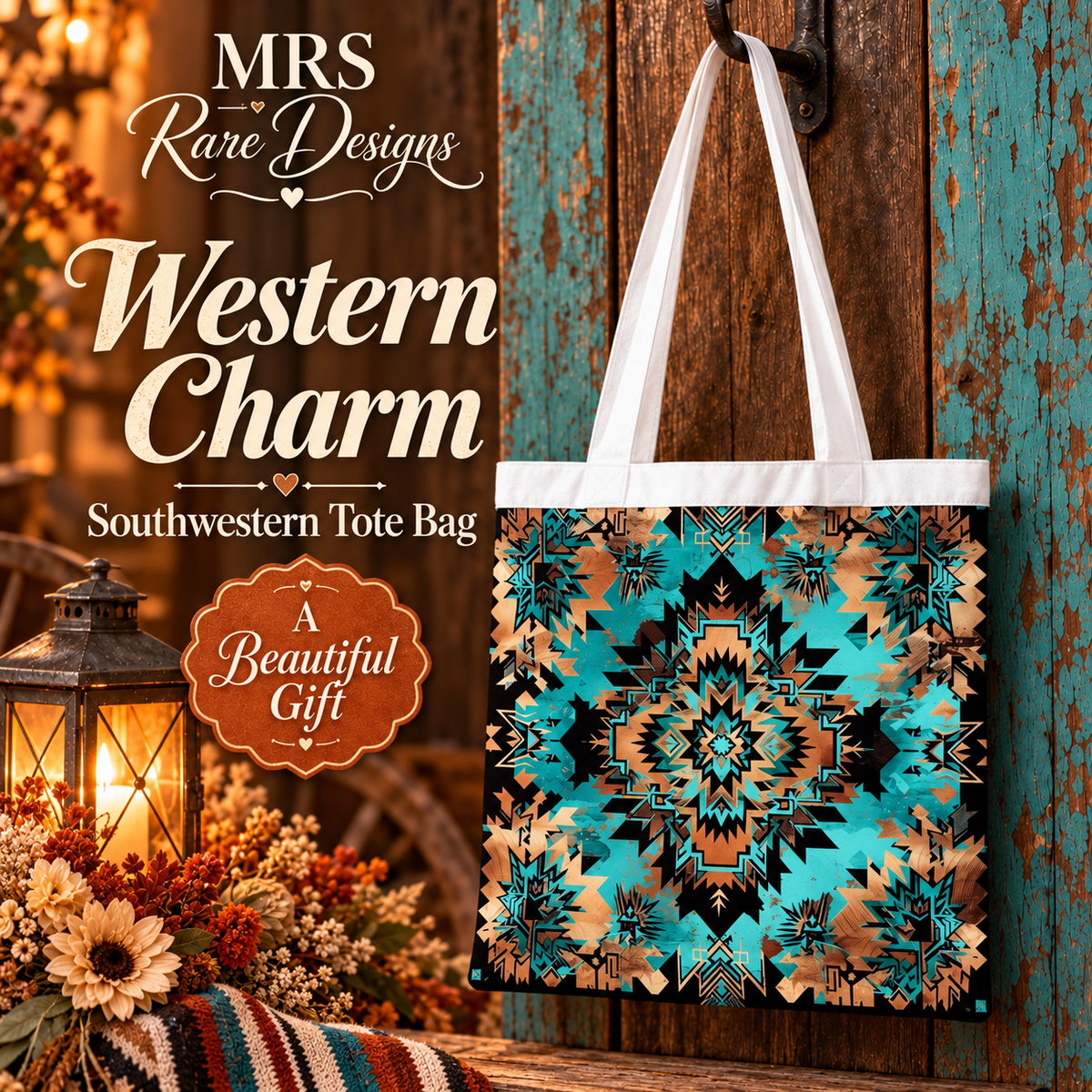 Western Charm Turquoise Southwestern Tote Bag