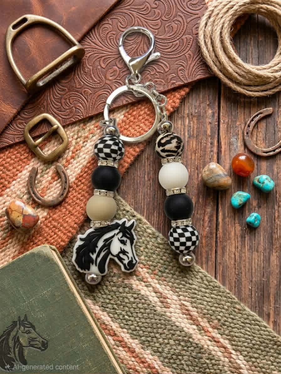Checkered Trails Horse Beaded Keychain