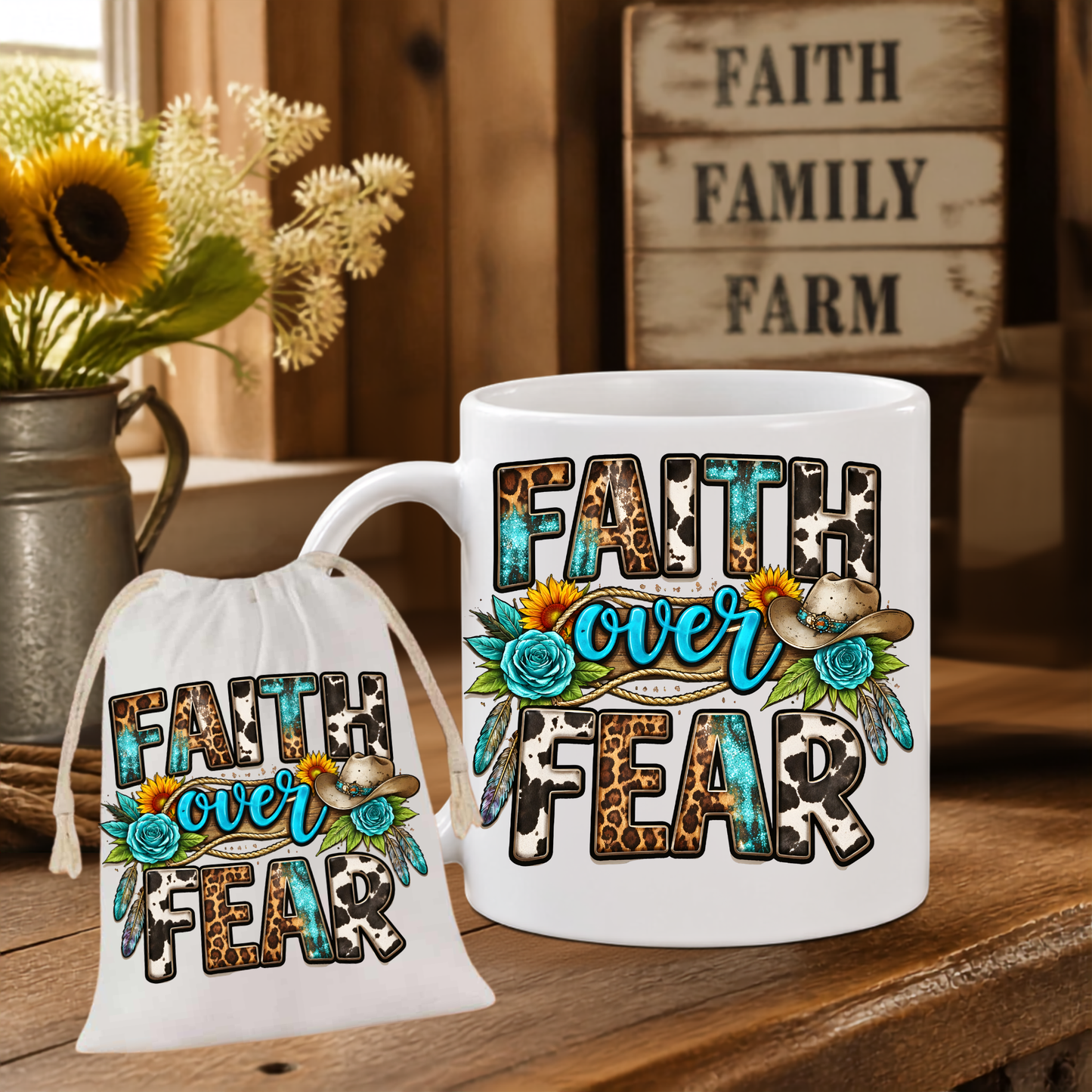 "Faith Over Fear" Mug & Matching Drawstring Gift Bag Set