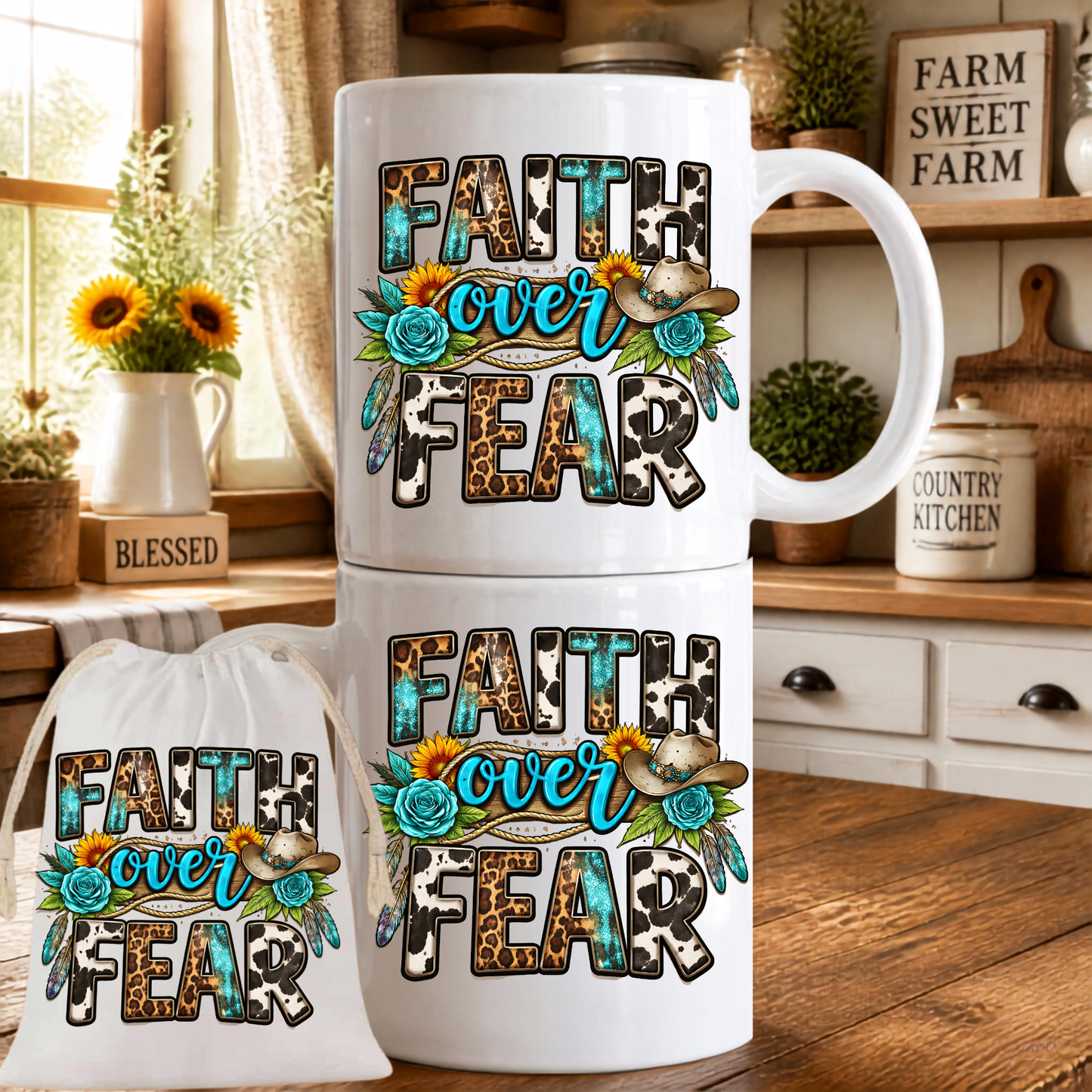 "Faith Over Fear" Mug & Matching Drawstring Gift Bag Set