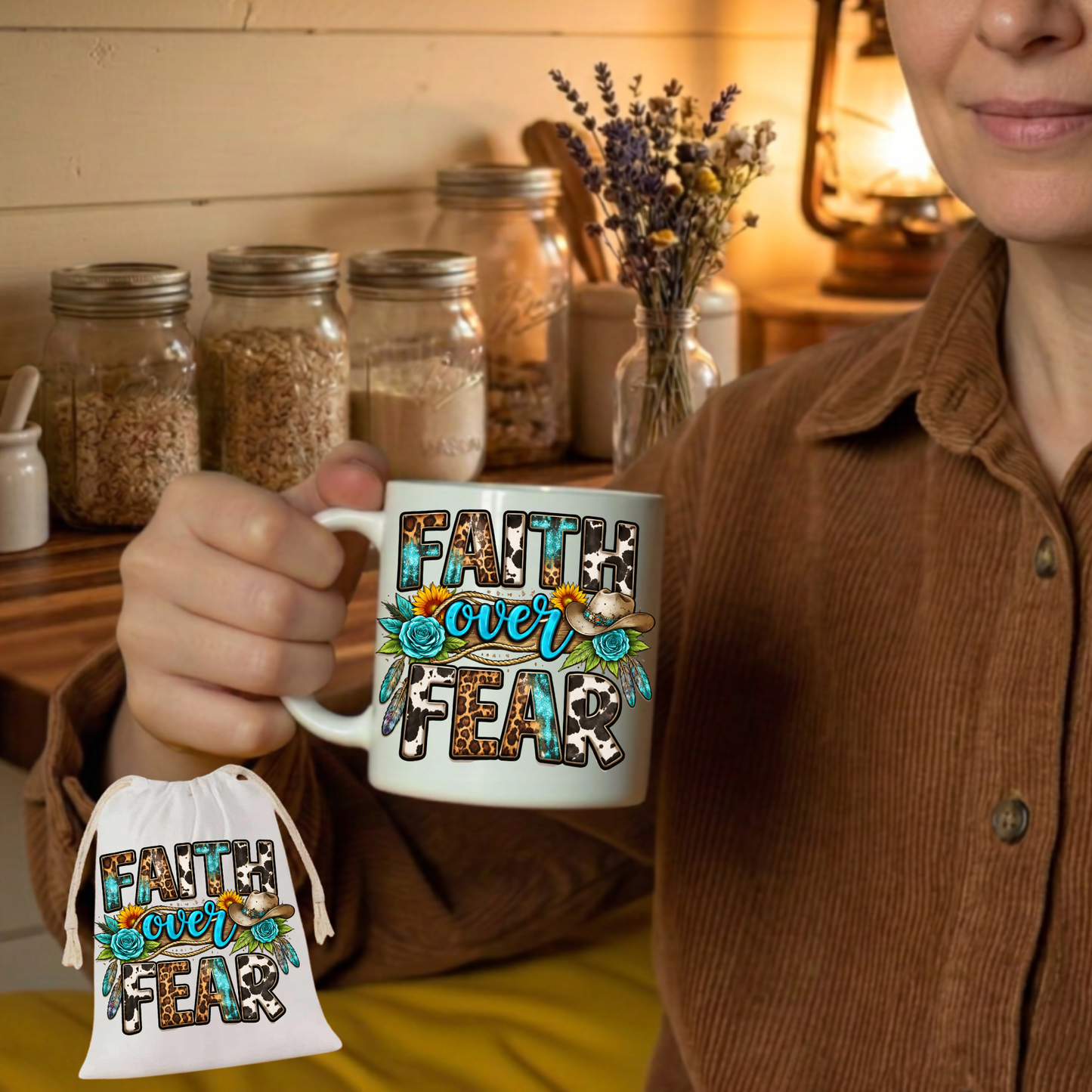 "Faith Over Fear" Mug & Matching Drawstring Gift Bag Set
